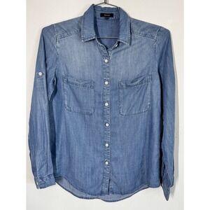 Quince Women's Distressed Chambray Roll Tab Long Sleeve Button Up Shirt‎ Size XS